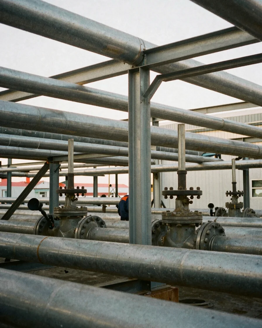 Industrial maintenance area with pipelines and steel framework in a plant, soft natural light, steel gray and muted warm