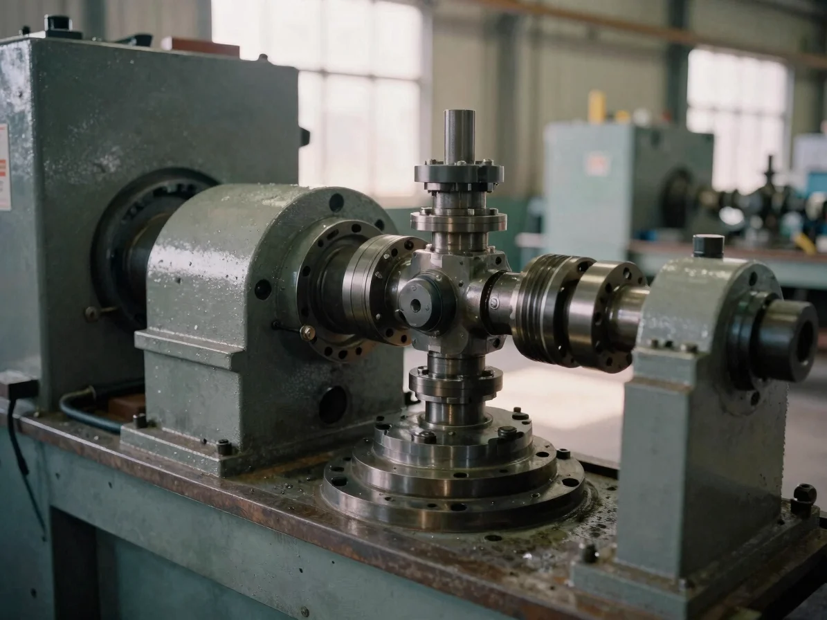 Industrial documentary photograph of a large machine being aligne