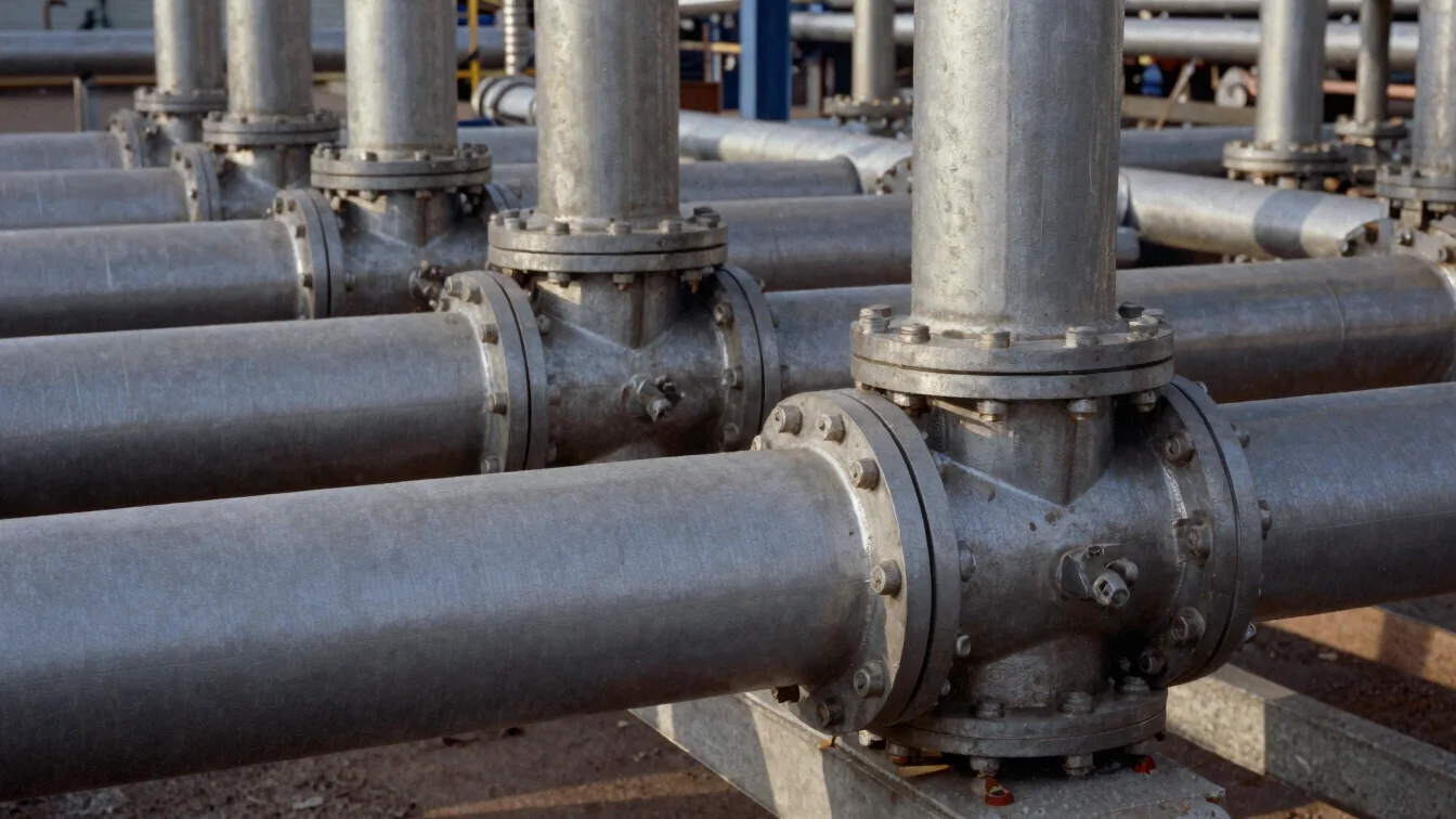 Industrial documentary photograph of an exposed pipeline run with