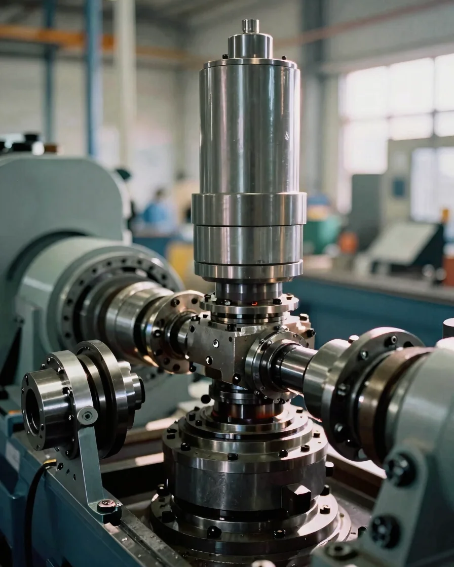 Close detail of heavy industrial machinery components being inspe